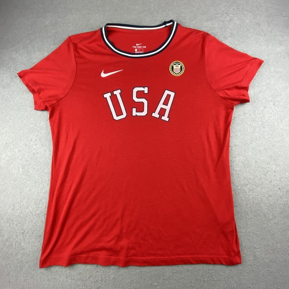 NIKE Tee Team USA Patch Olympics‎ Embroidered Logo Unisex Large July 4th Red